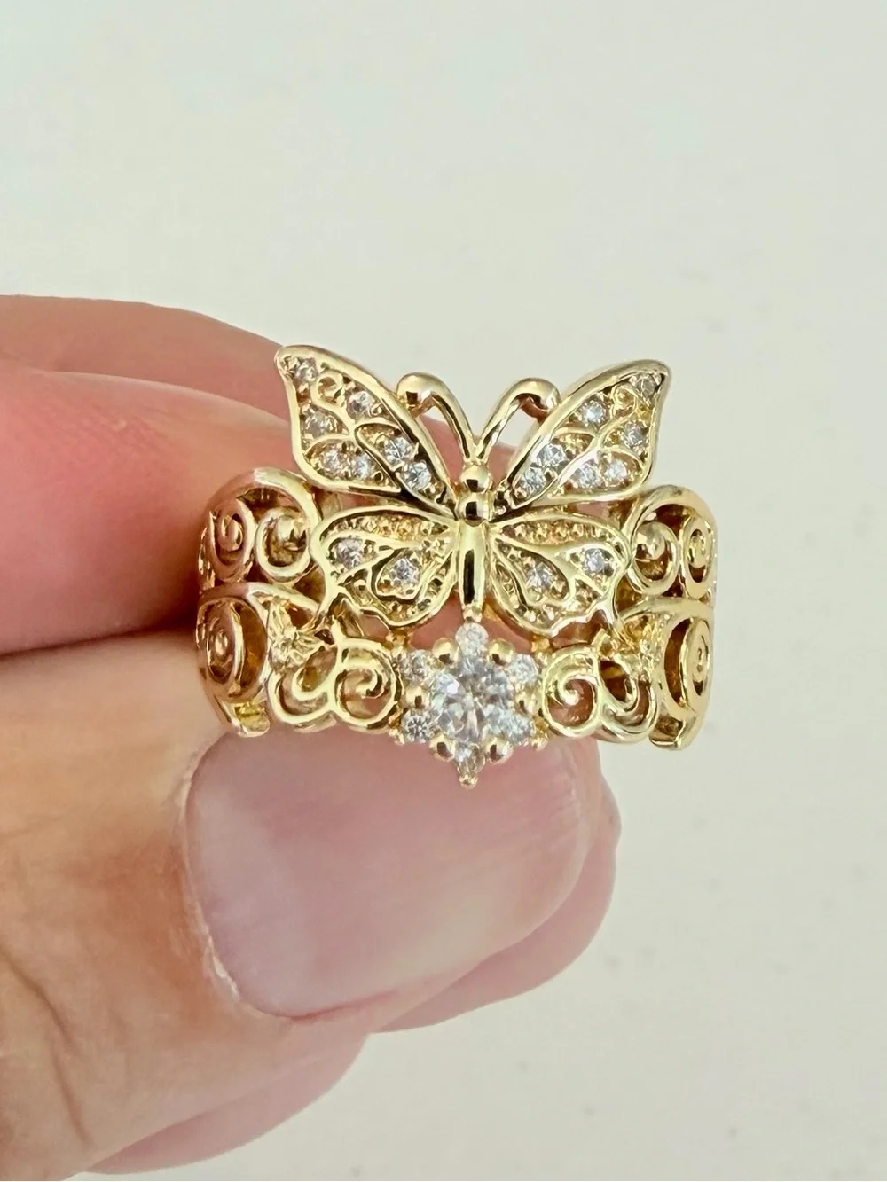 Gold Butterfly Filigree Clear Crystal Ring.